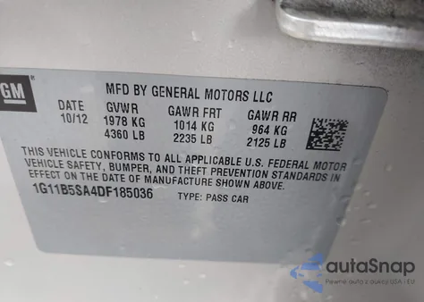 2013 Chevrolet Malibu 1Ls z USA, uszkodzony, nr VIN 1G11B5SA4DF185036